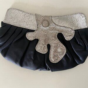 Black leather clutch with silver accent leather - by Vanessa Witke - Y2K Vintage